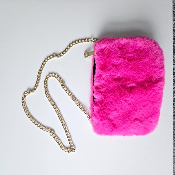 NWOT Faux Fur Clutch Crossbody Handbag Hot Pink - Picture 7 of 7